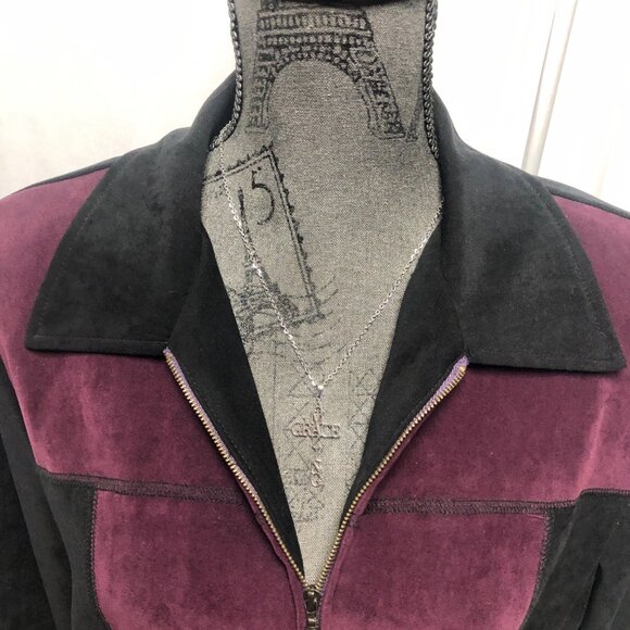 Briggs Jacket Womens Size Medium Petite Faux Suede Zip Black Burgundy Colorblock - Picture 2 of 6